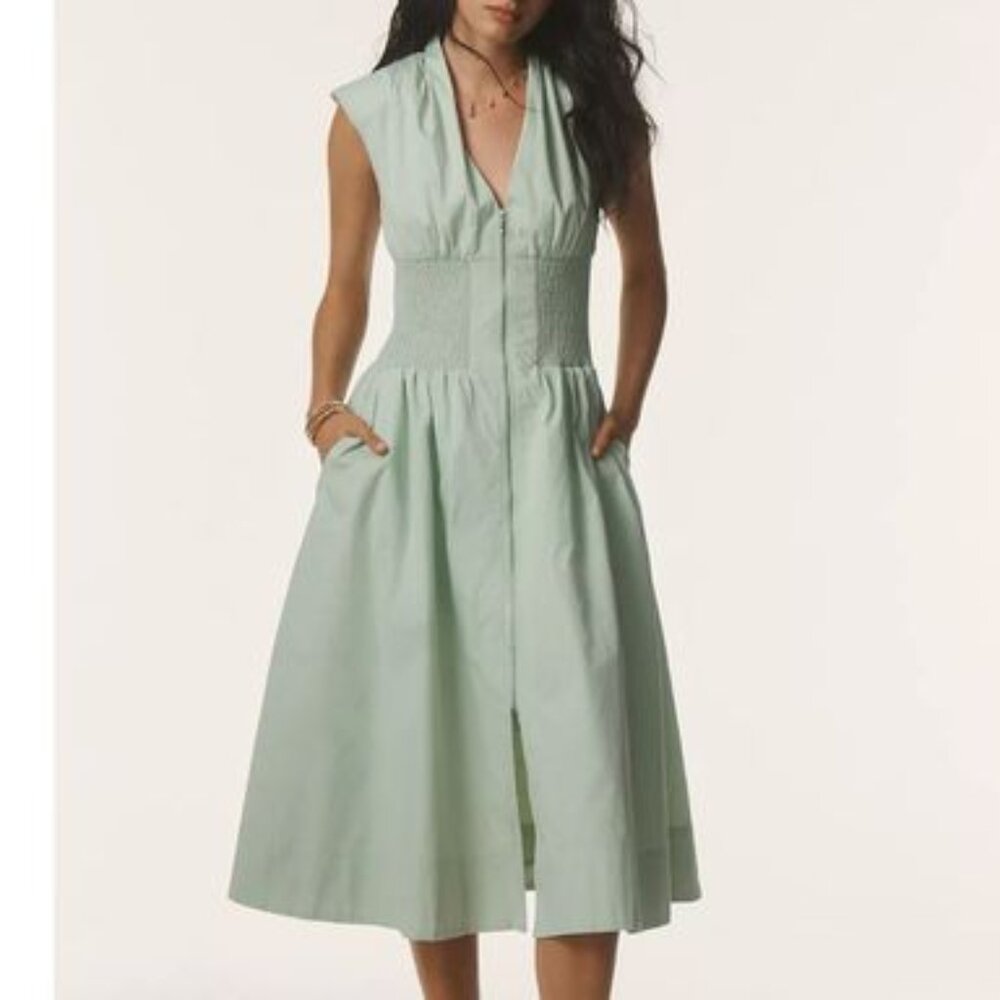 Anthropologie Tommie Cap-Sleeve Smocked Front-Zip Shirt Dress NWT